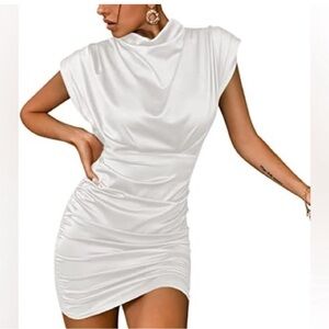 Lyaner Assymetical sleeve high neck party dress with ruching - Size S CB 138